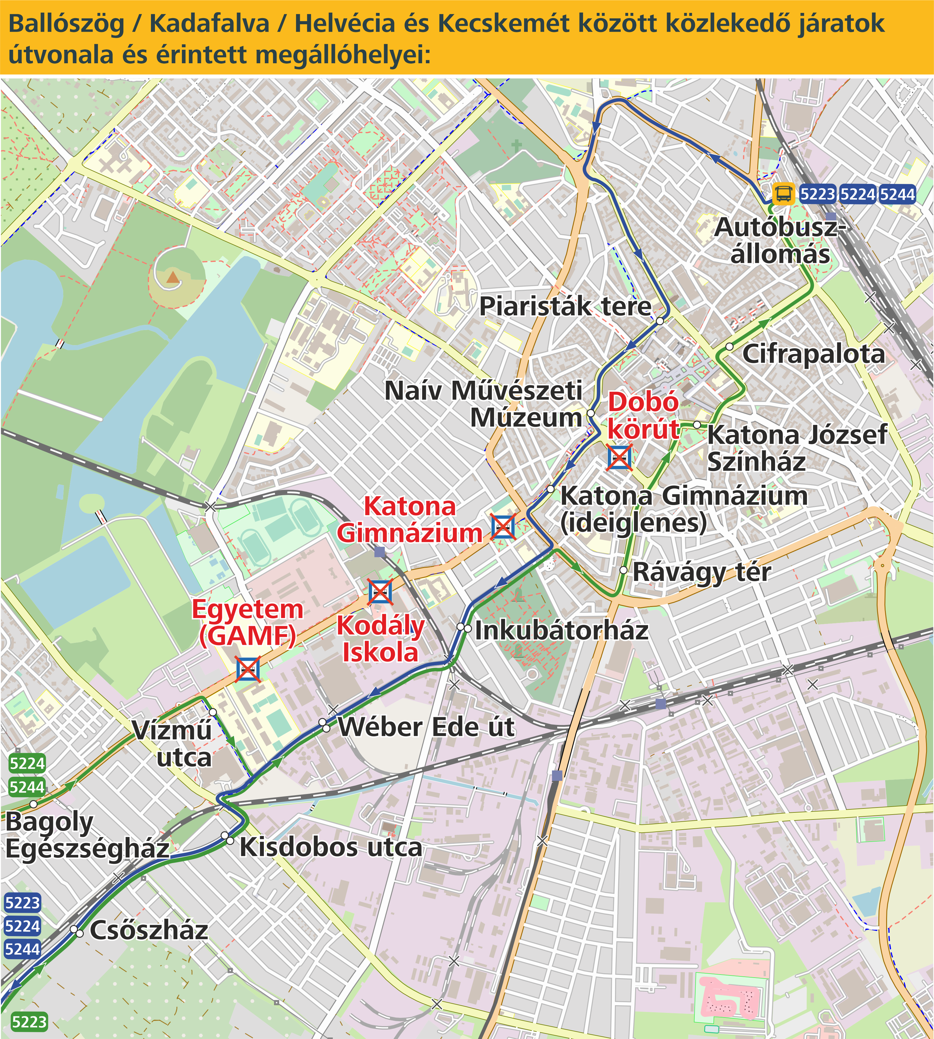 Ballószög, Kadafalva, Helvécia és Kecskemét között közéeledő járatok útvonala és érintett megállóhelyeinek térképe.