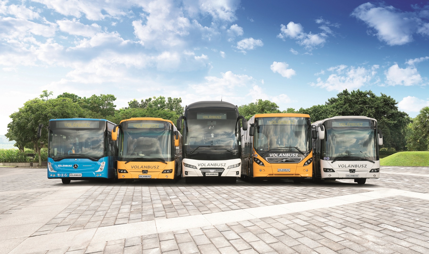 A képen a Volánbusz új beszerzésű járművei közül Mercedes-Benz Conecto, sárga Credobus Econell 12, Neoplan Tourliner, Volvo 8900 és egy fehér Credobis Econell 12 autóbusz látható a Népligetben, zöld fákkal a háttérben.