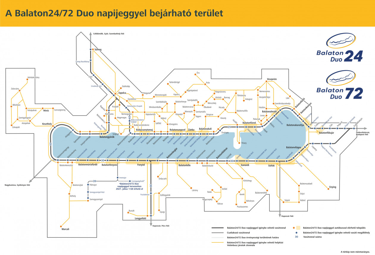 A képen a Balaton 24/72 Duo napijeggyel bejárható terület látható egy térképen.