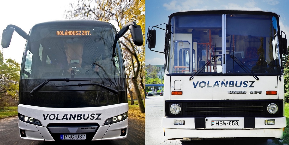 A képen egy új, valamint egy régi autóbusz látható egymás mellett