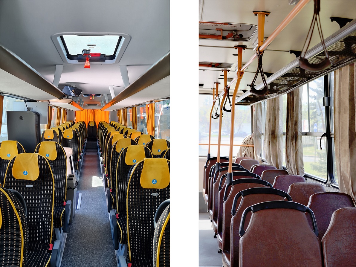 A képen egy régi és egy új autóbusz belseje látható egymás mellett.