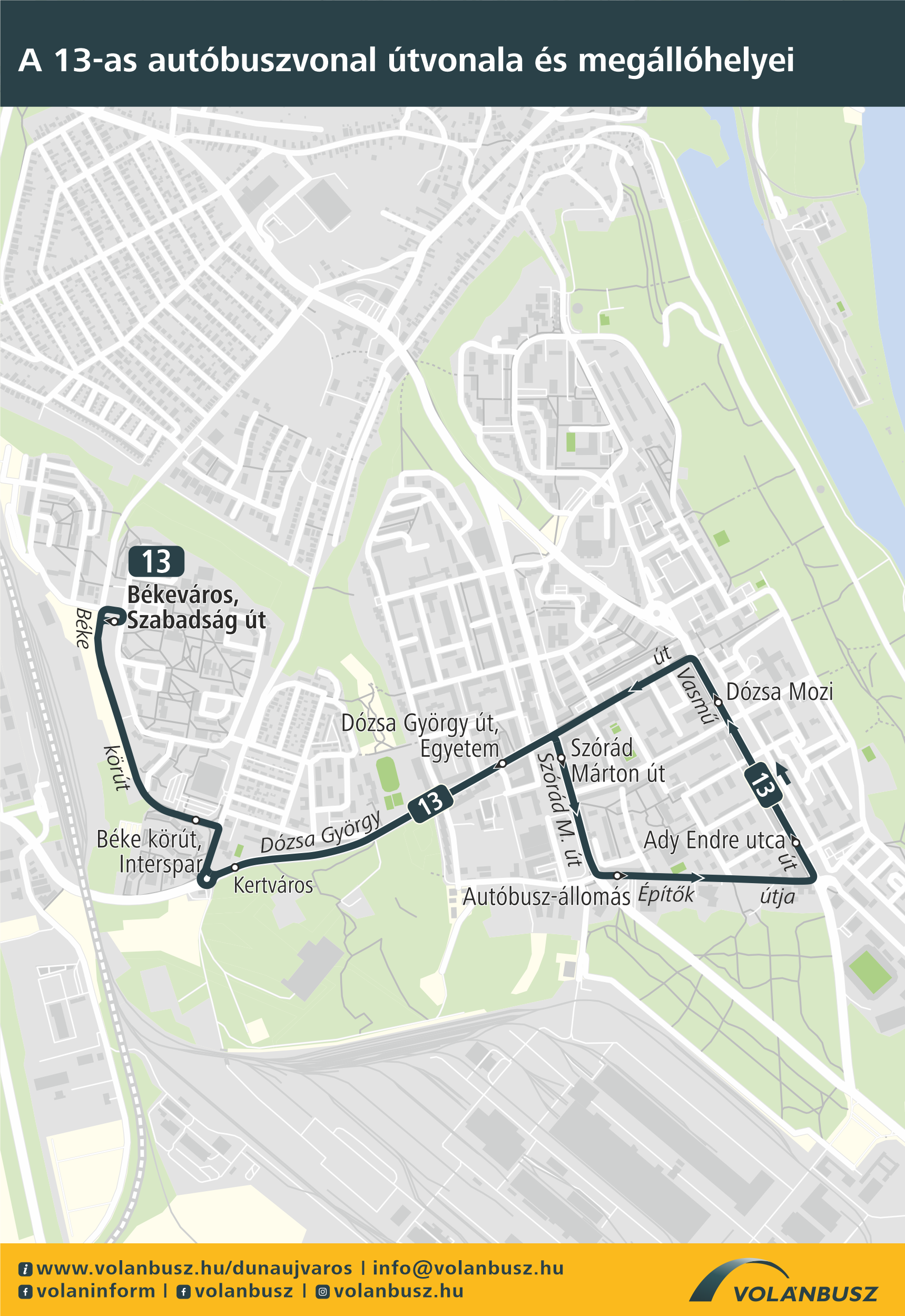 A 13-as helyi járatok útvonala.