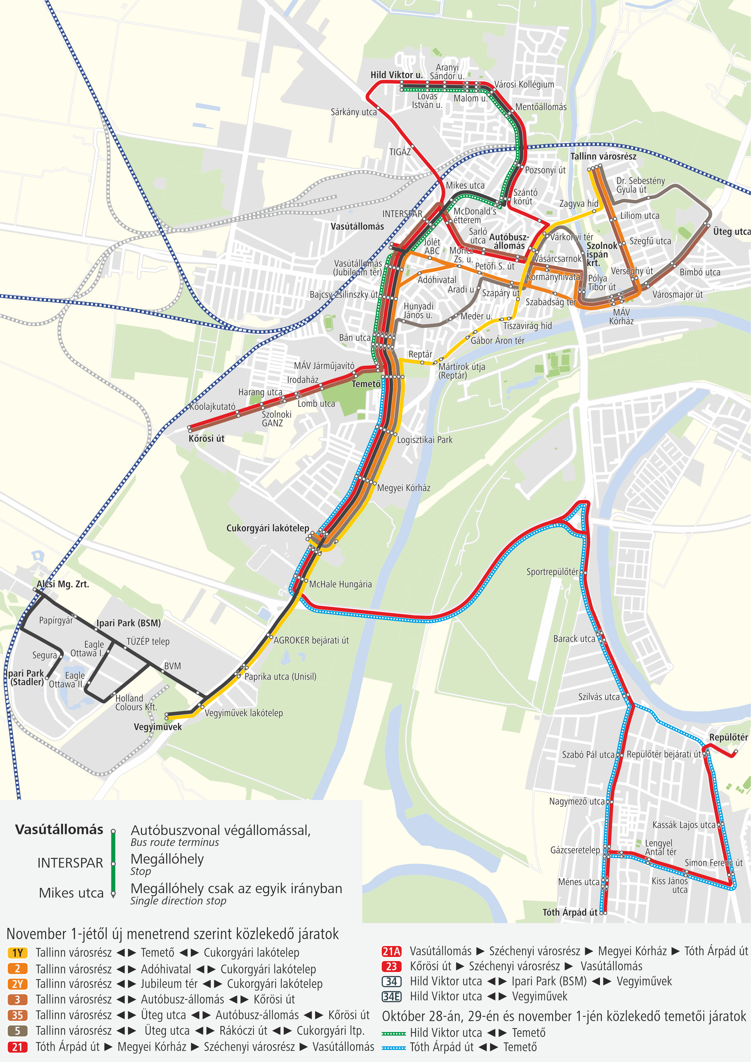 Szolnok temetői járatok útvonala