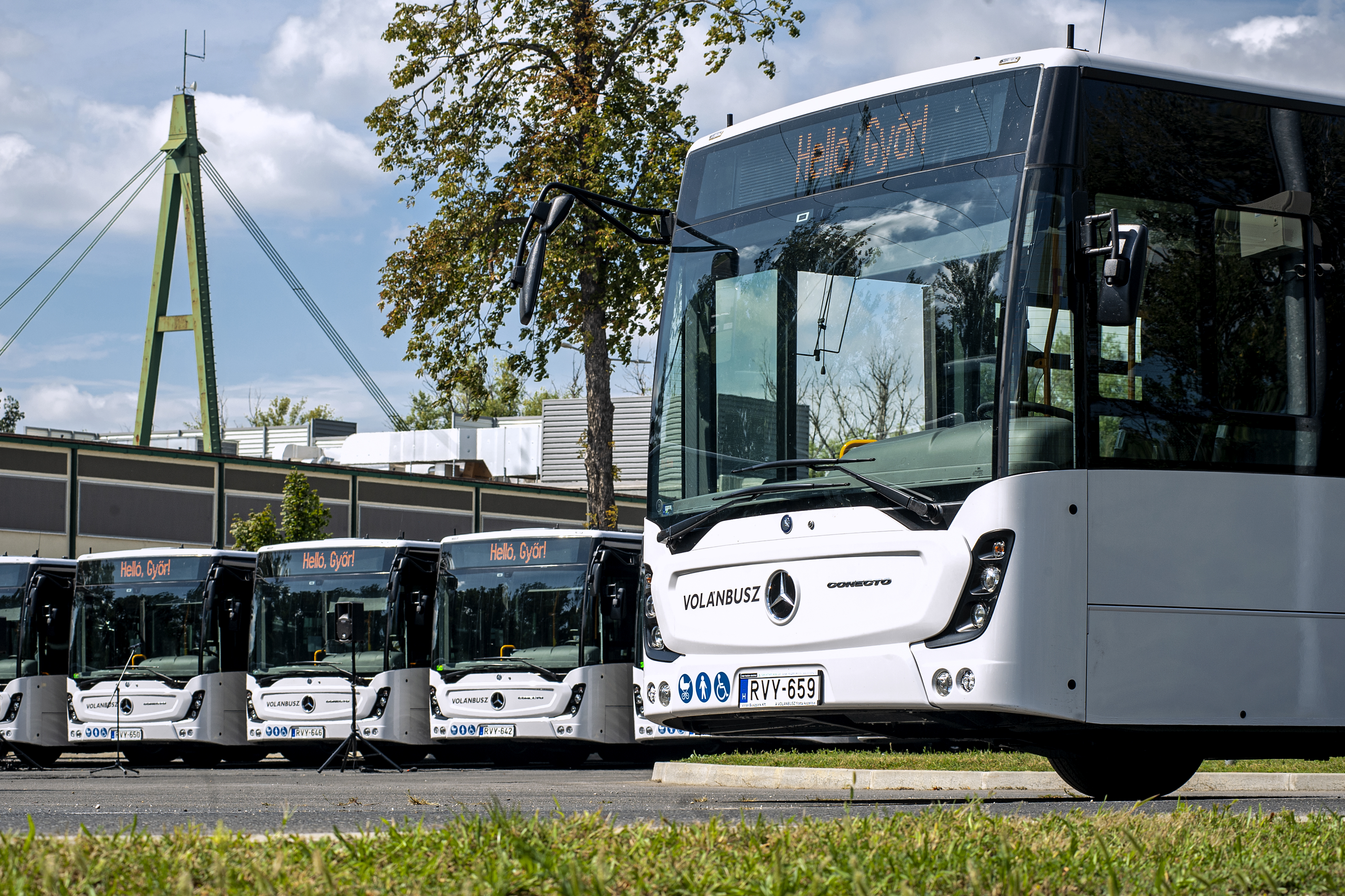 A képen az újonnan forgalomba helyezett Mercedes-Benz Conecto G típusú csuklós autóbuszok láthatók.