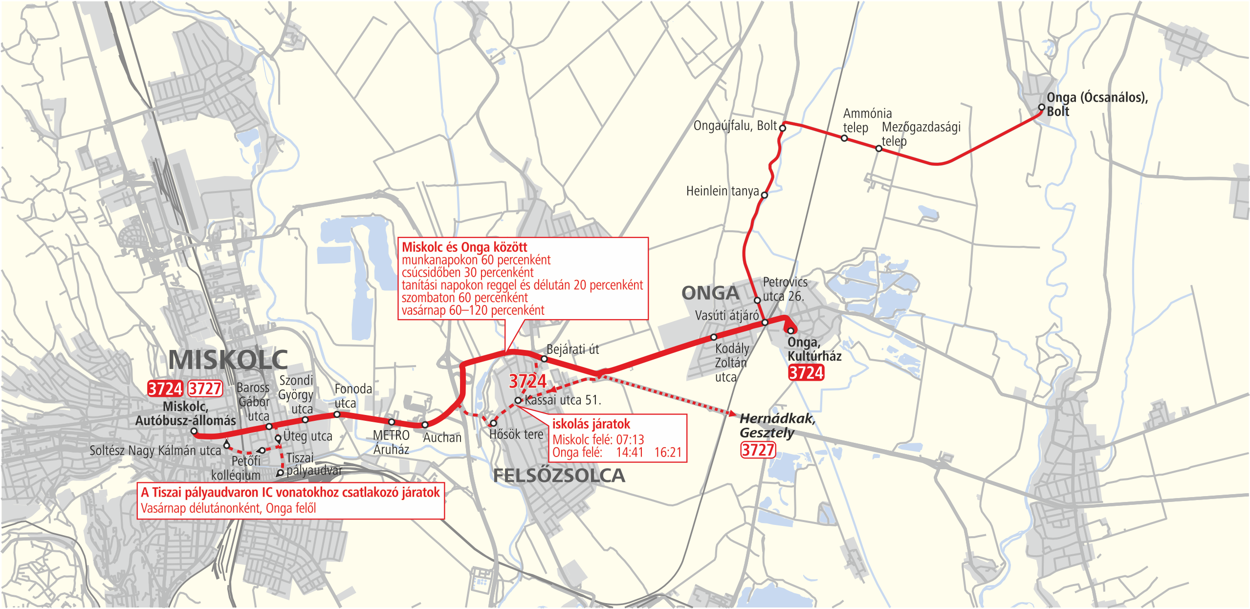 A térképen az új menetrend autóbusz útvonalai láthatók.