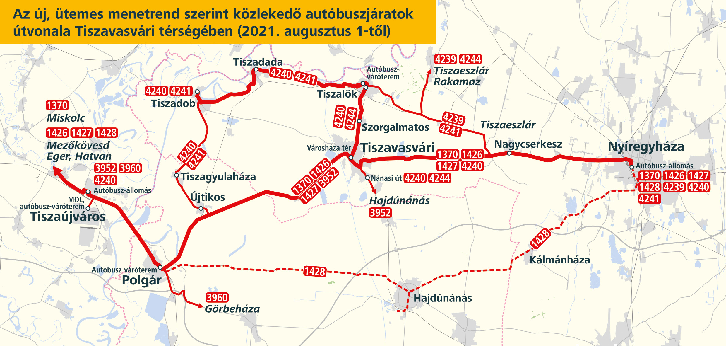 Az új menetrend szerint közlekedő járatok útvonala Tiszavasvári térségében
