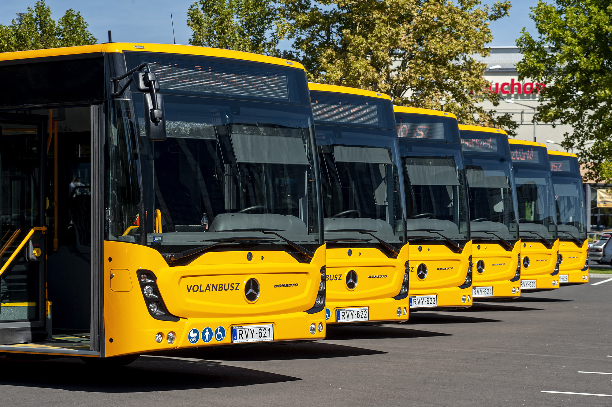 A képen a Mercedes-Benz Conecto G típusú csuklós autóbuszok láthatók felsorakoztatva.