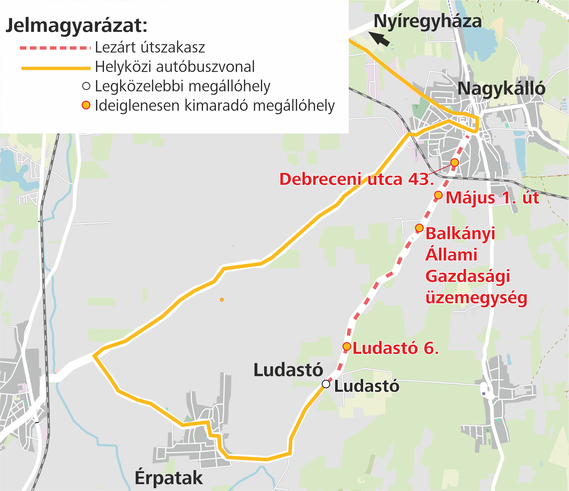 A képen a járatok terelt útvonala látható.