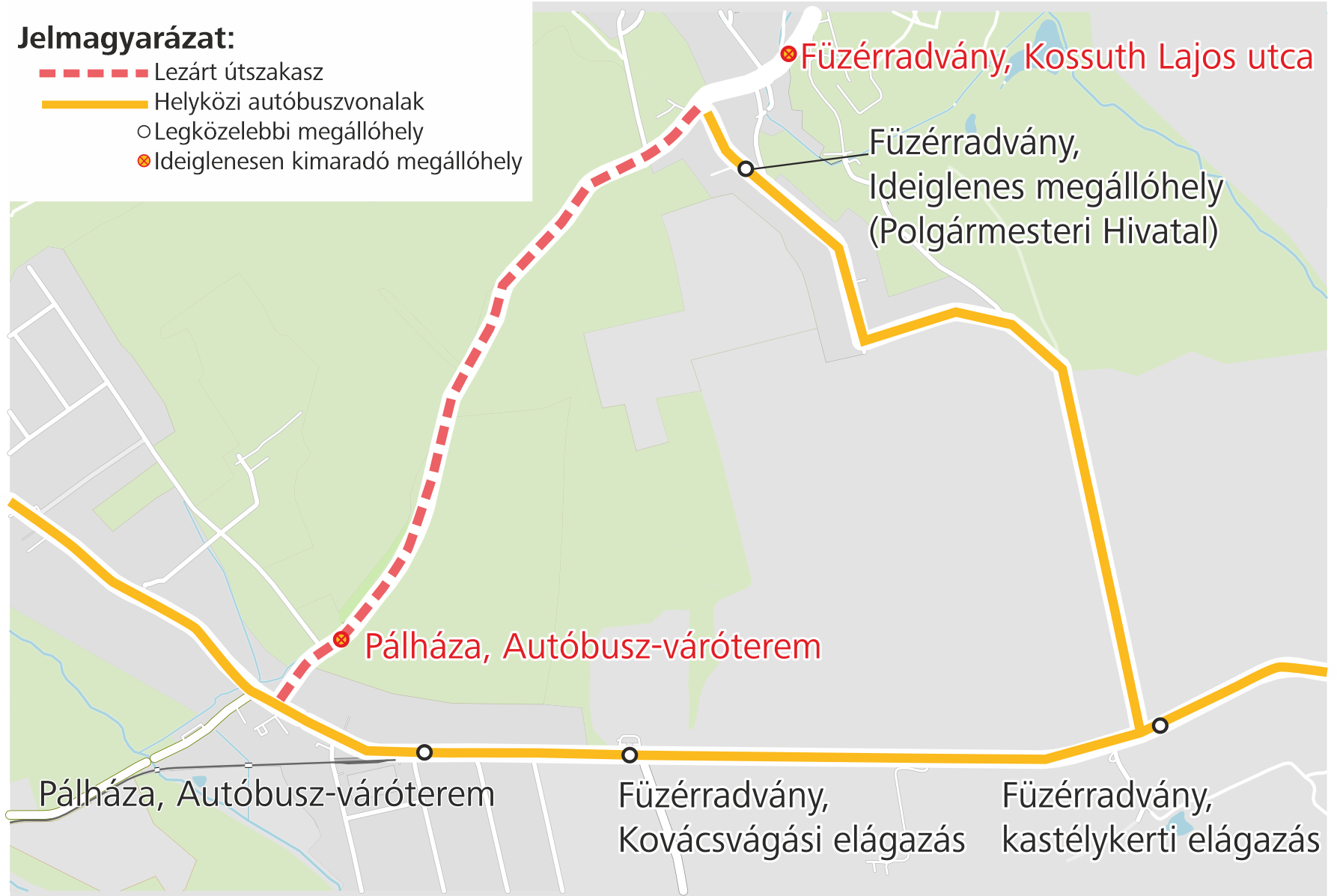 A képen a járatok terelt útvonala látható.
