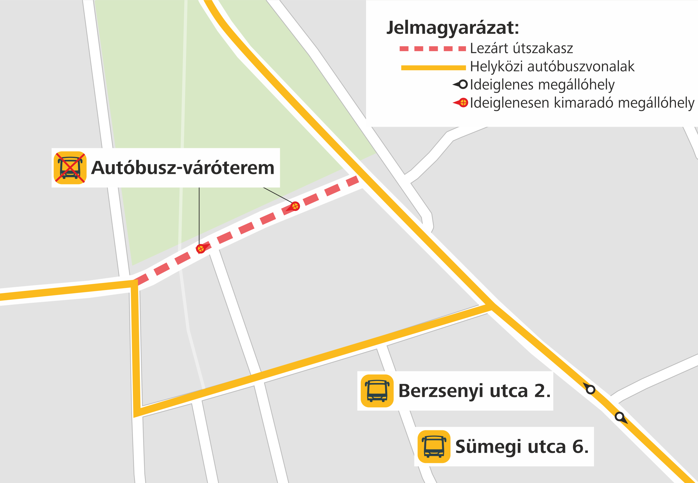 A térképen a járatok terelt útvonala látható és az ideiglenes megállóhelyek.