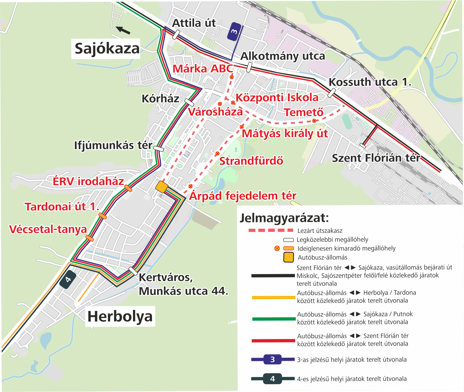 A képen a járatok terelt útvonala látható.