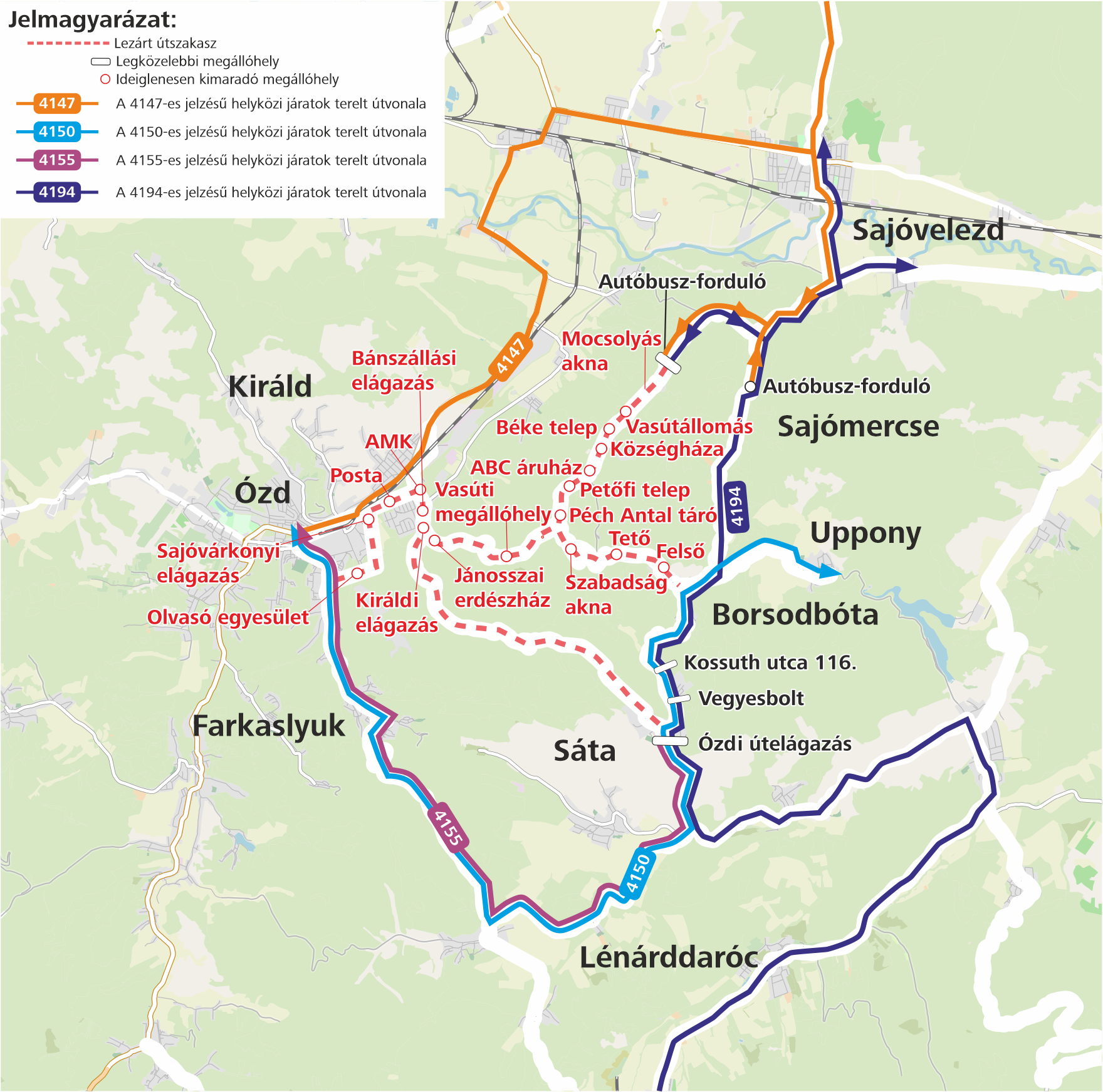 A képen a járatok terelt útvonala látható.