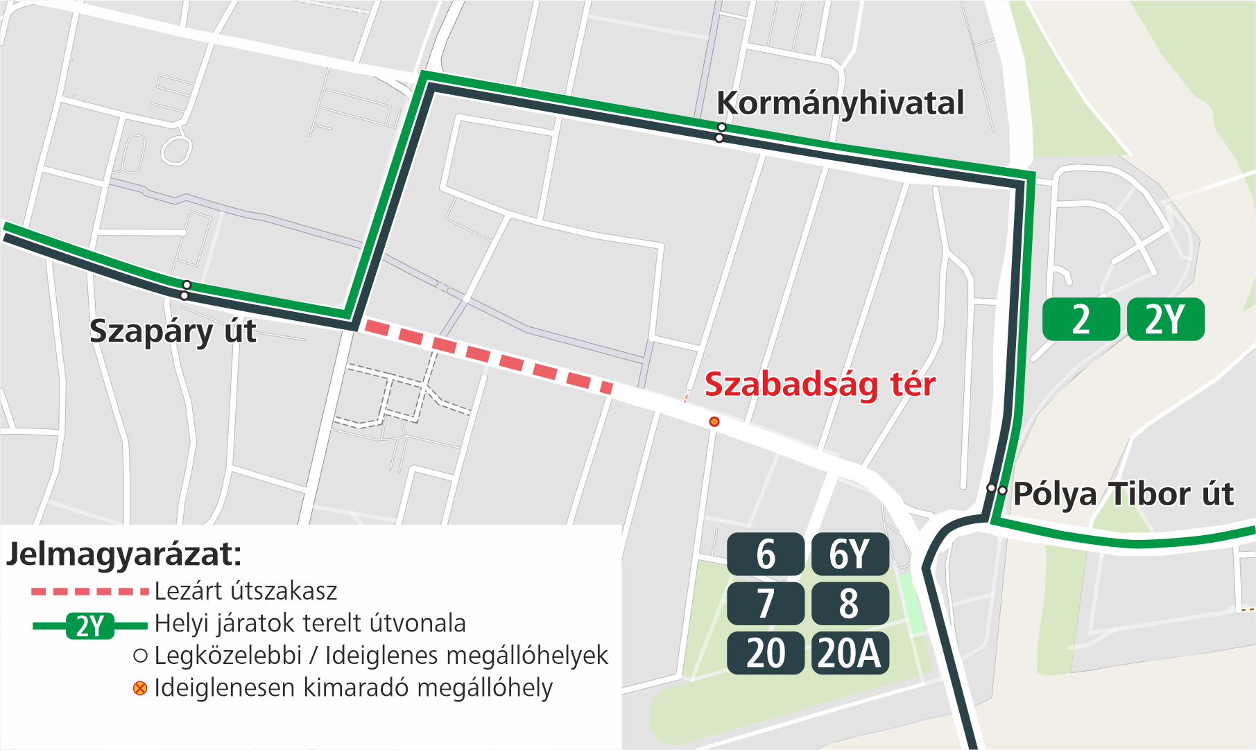 A képen a járatok terelt útvonala látható.
