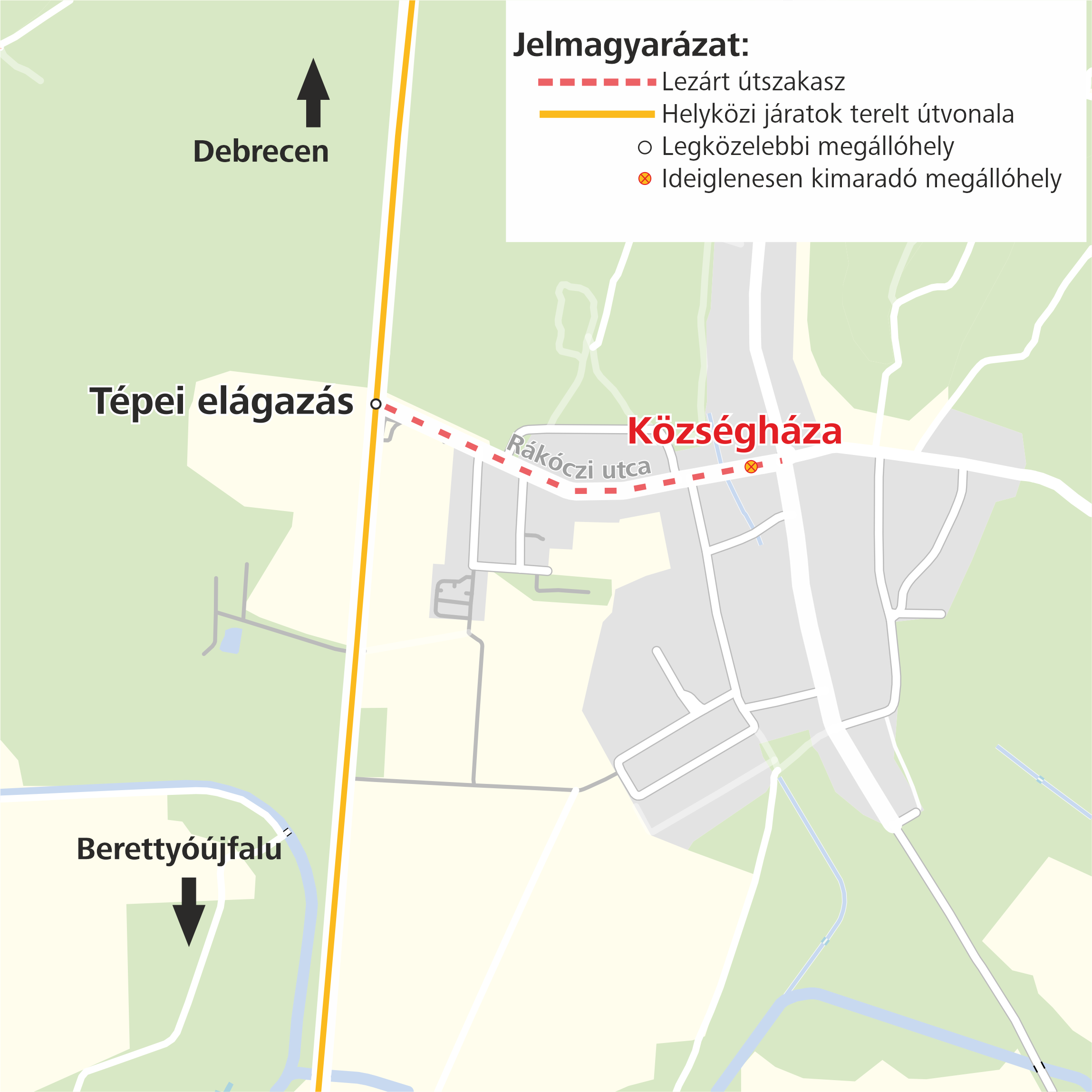 A képen a járatok terelt útvonala látható.