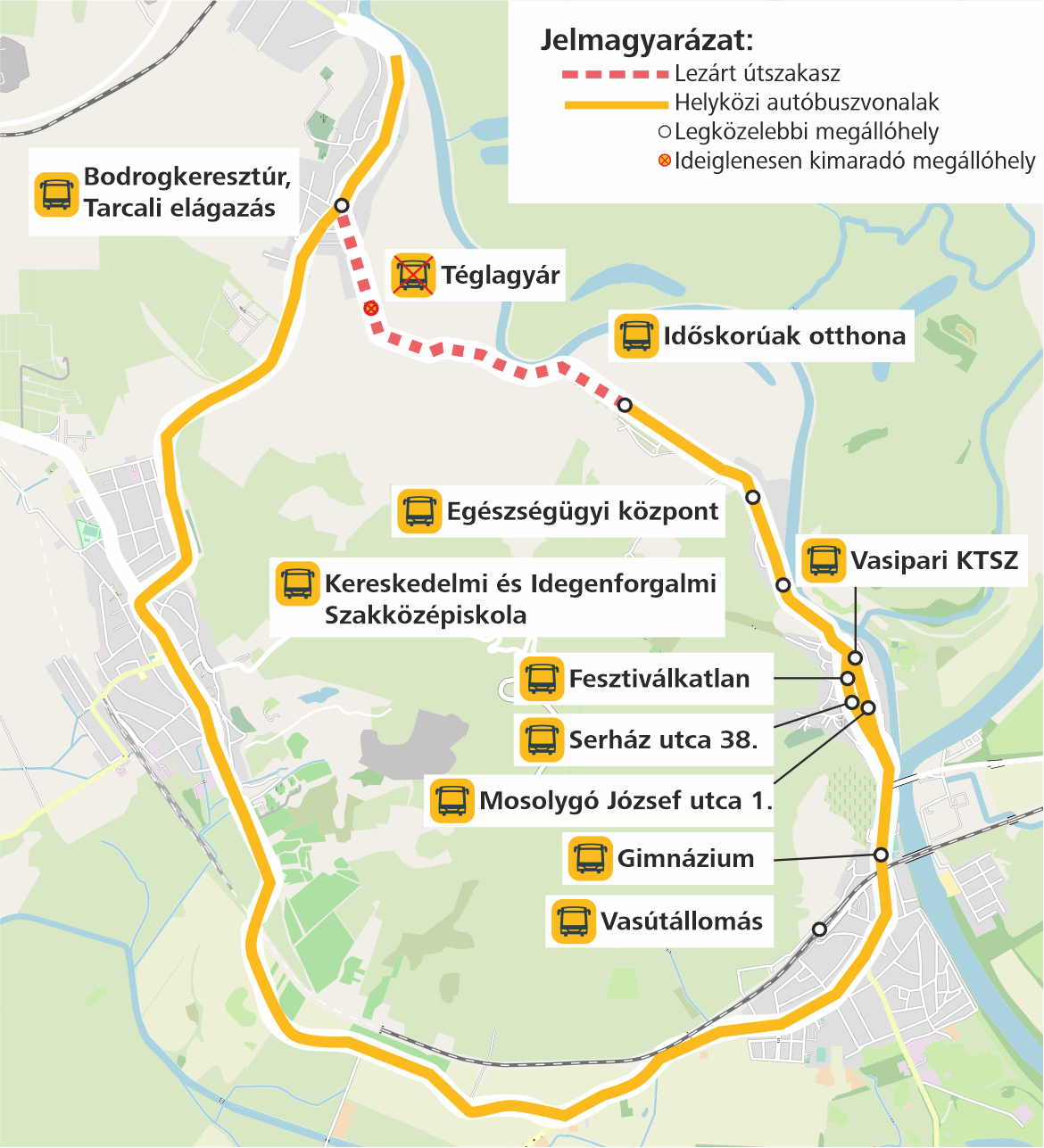 A képen a kimaradó megálló és a járatok terelt útvonala látható.