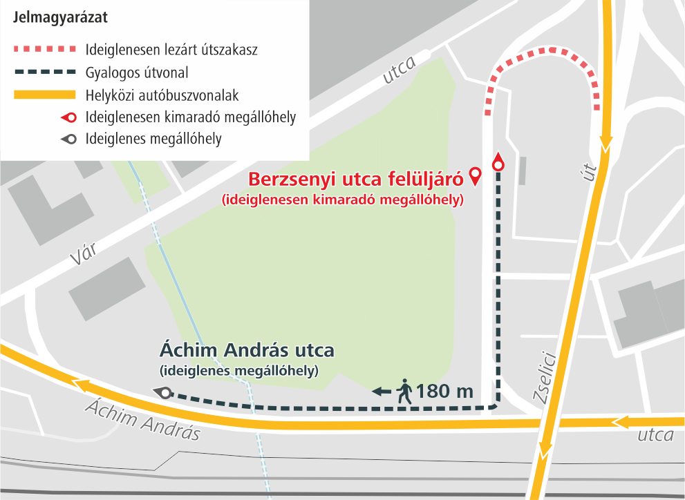 Ezen a térképen az ideiglenesen áthelyezett megállóhely van jelölve az Áchim András utcán, ami kb. 180 méterre található az eredeti megállótól.