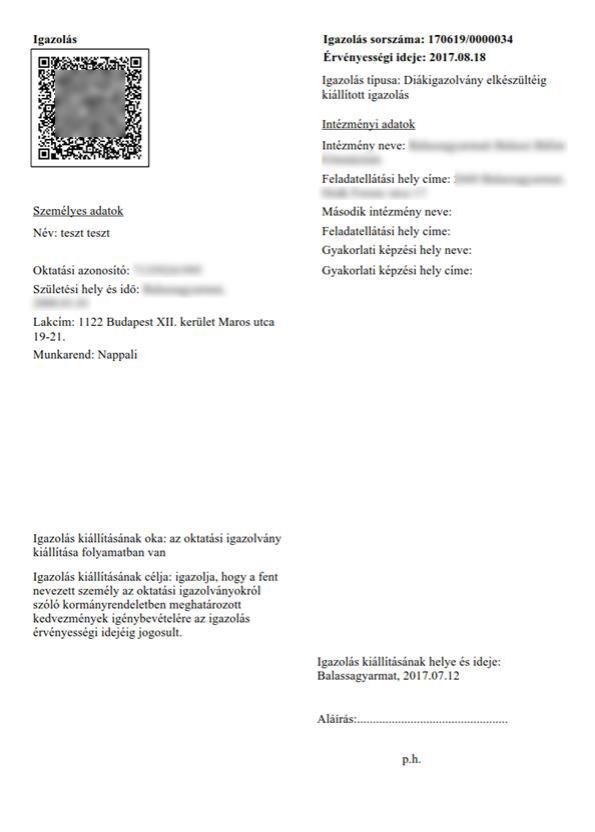Utazási kedvezményre jogosító igazolás mintája