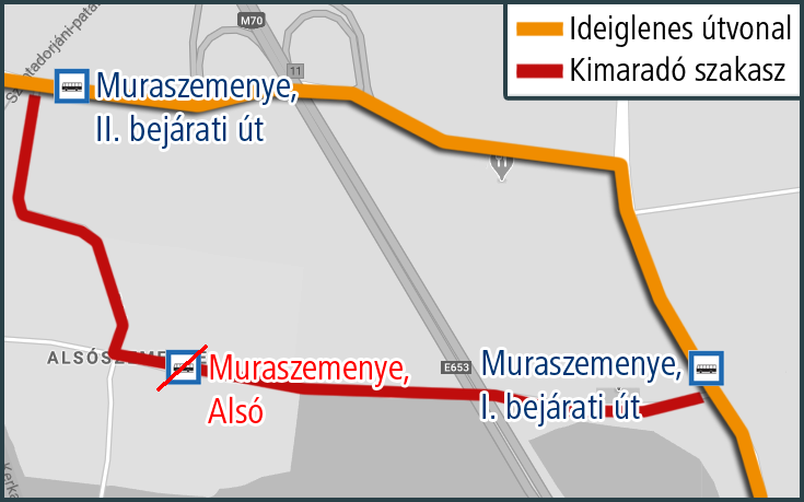 A képen az ideiglenes útvonal és a kimaradó, valamint a terelés ideje alatt igénybe vehető megállók szerepelnek.