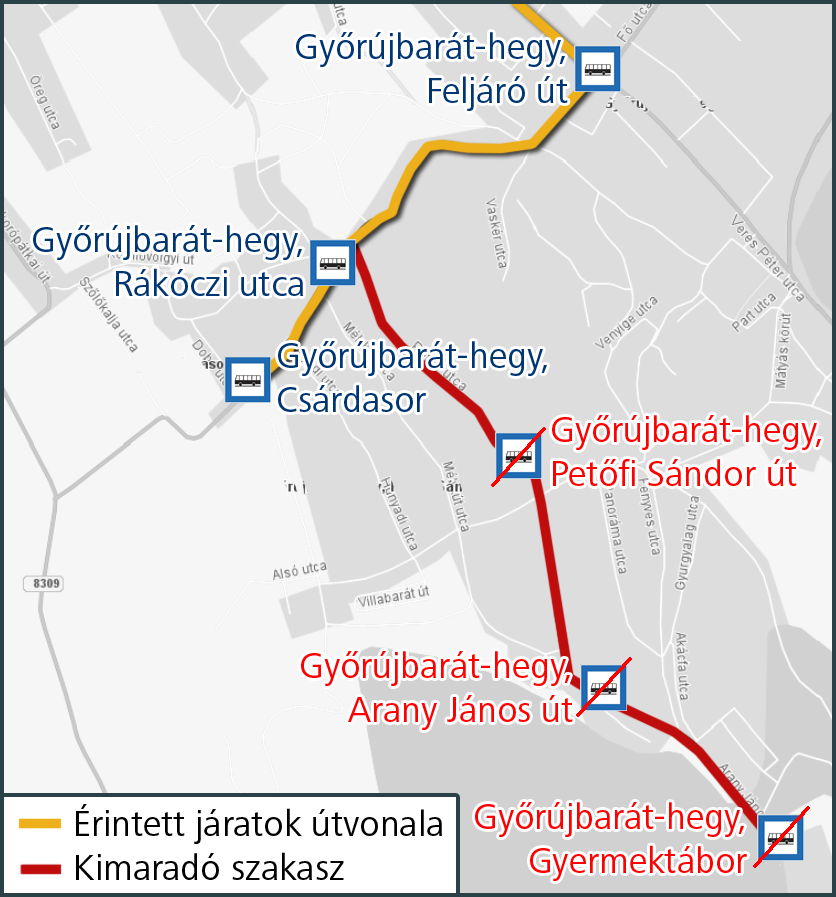 A képen az ideiglenes útvonal és a kimaradó, valamint a terelés ideje alatt igénybe vehető megállók szerepelnek.