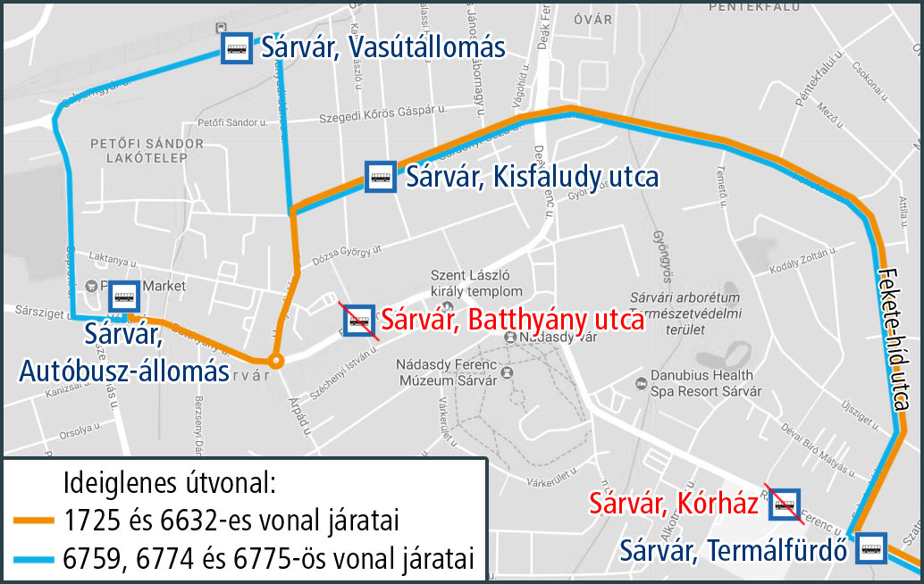 A képen az ideiglenes útvonal és a kimaradó, valamint a terelés ideje alatt igénybe vehető megállók szerepelnek.