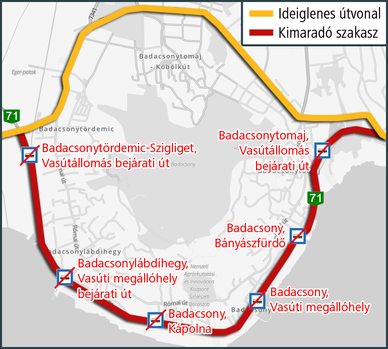 A képen az ideiglenes útvonal és a kimaradó megállók szerepelnek.