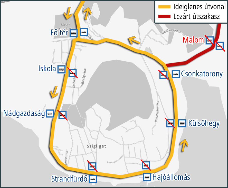 A képen az ideiglenes útvonal és a kimaradó, valamint a terelés ideje alatt igénybe vehető megállók szerepelnek.