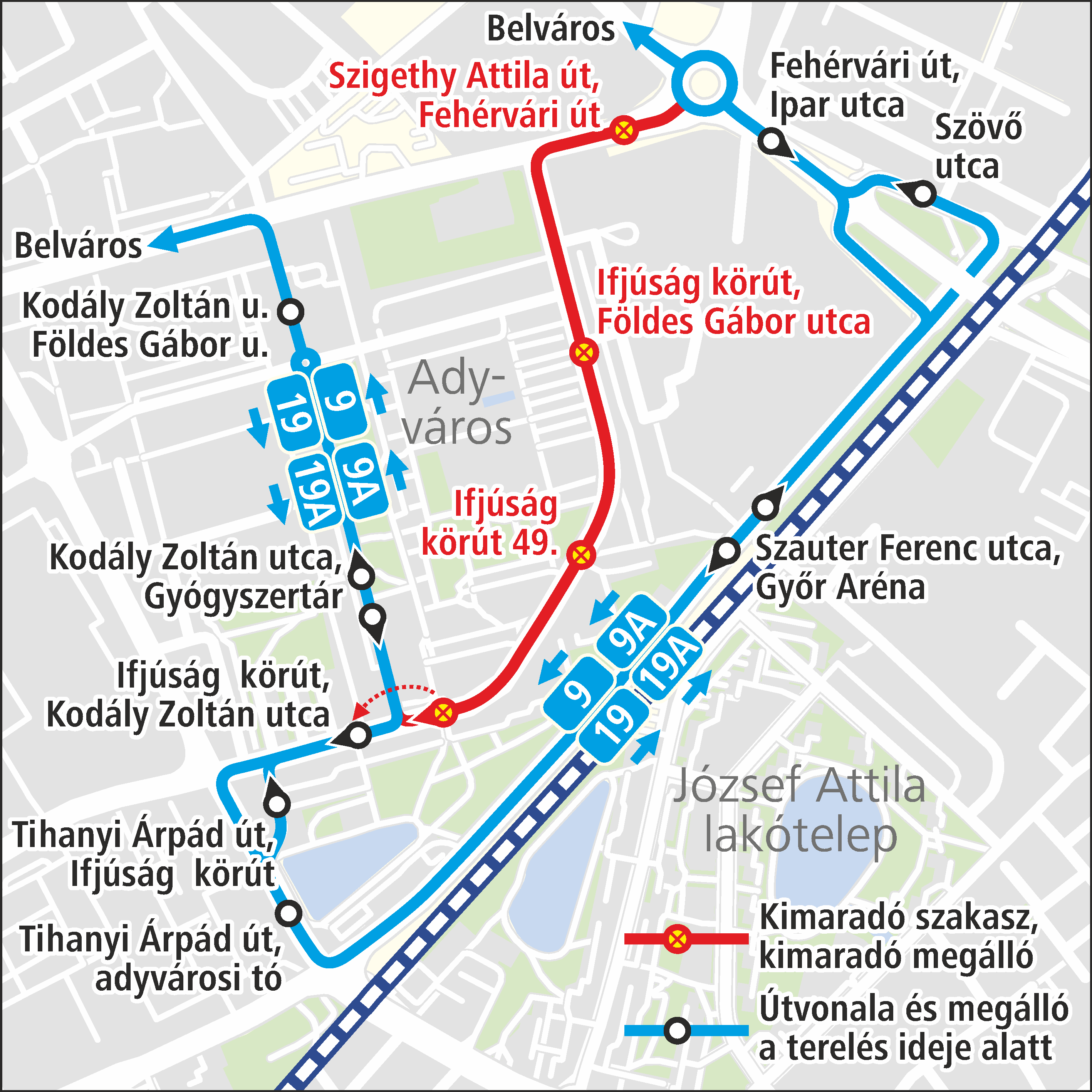 A képen az ideiglenes útvonal és a kimaradó, valamint a terelés ideje alatt igénybe vehető megállók szerepelnek.