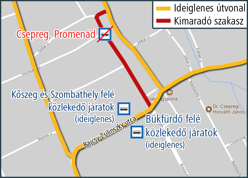 A képen az ideiglenes útvonal és a kimaradó, valamint a terelés ideje alatt igénybe vehető megállók szerepelnek.