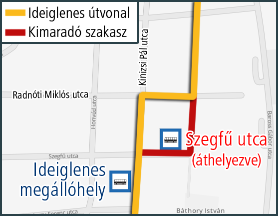 A képen az ideiglenes útvonal és a kimaradó, valamint a terelés ideje alatt igénybe vehető megállók szerepelnek.