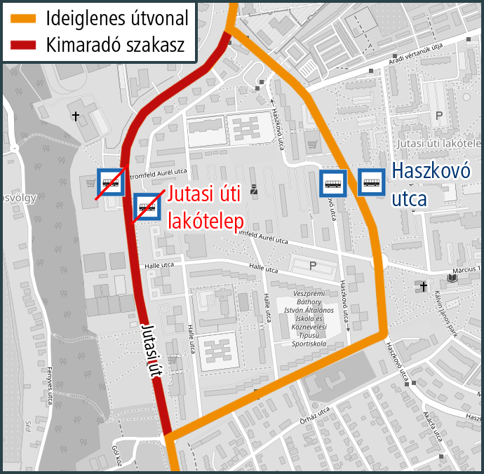 A képen az ideiglenes útvonal és a kimaradó, valamint a terelés ideje alatt igénybe vehető megállók szerepelnek.