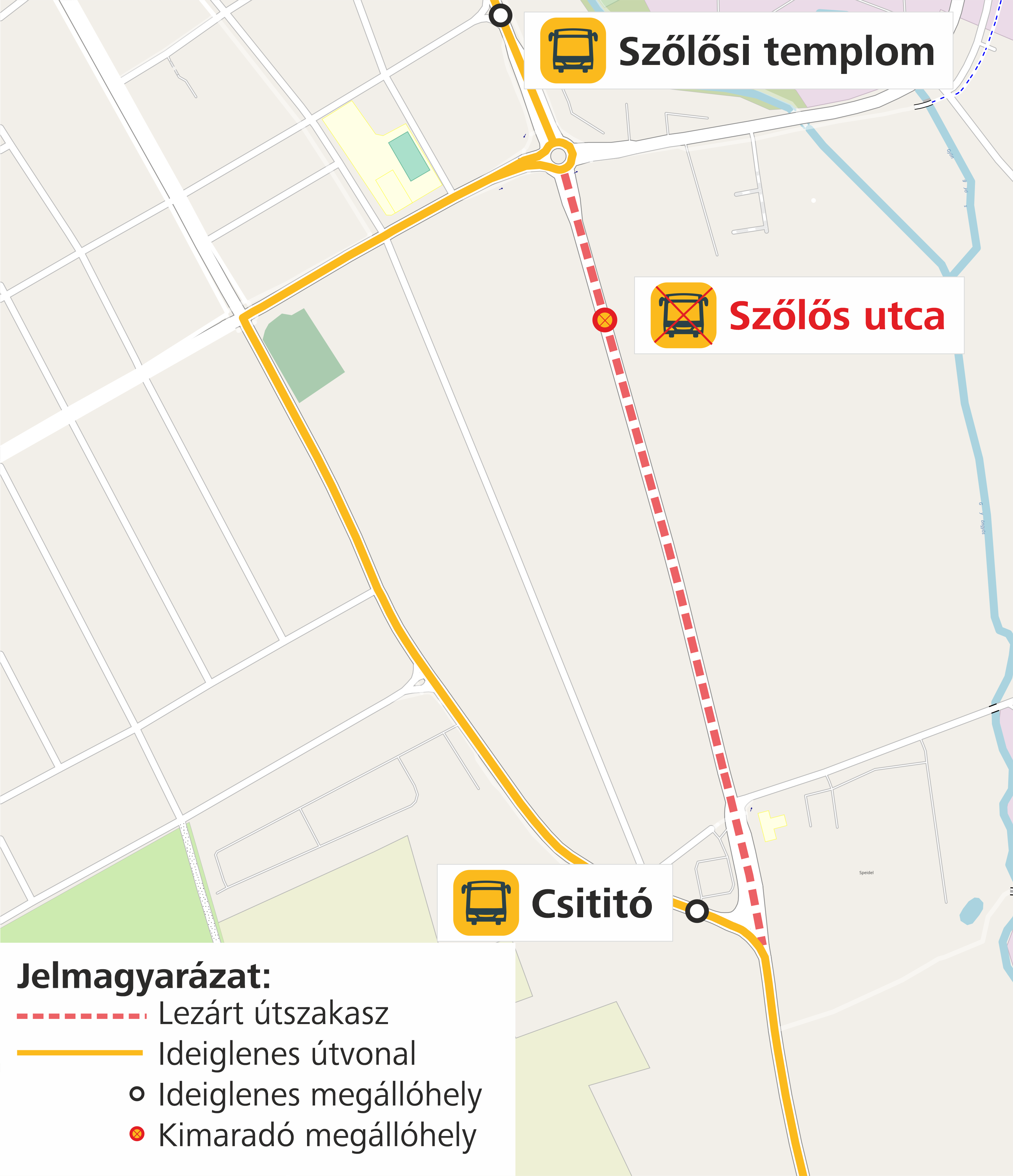 A képen az ideiglenes útvonal és a kimaradó, valamint a terelés ideje alatt igénybe vehető megállók szerepelnek.