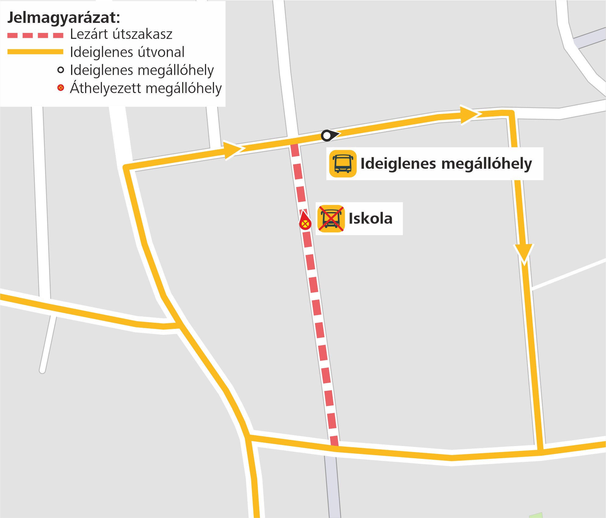A képen az ideiglenes útvonal és a kimaradó, valamint a terelés ideje alatt igénybe vehető megállók szerepelnek.
