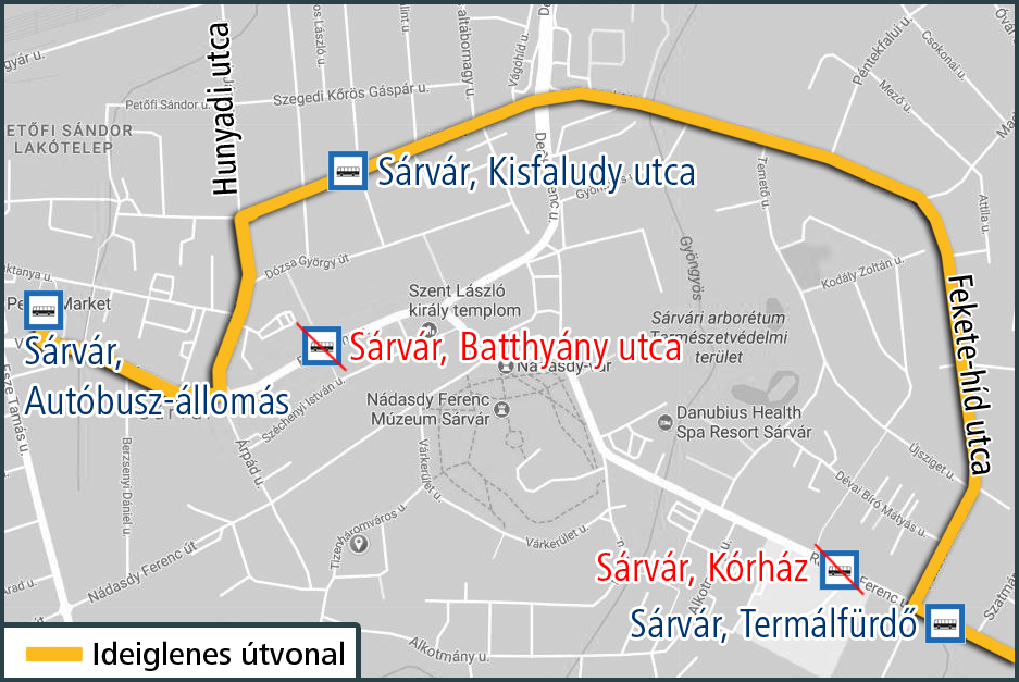 A képen az ideiglenes útvonal és a kimaradó, valamint a terelés ideje alatt igénybe vehető megállók szerepelnek.