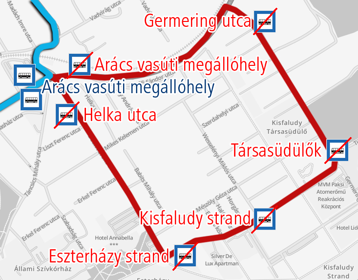 A képen az ideiglenes útvonal és a kimaradó, valamint a terelés ideje alatt igénybe vehető megállók szerepelnek.