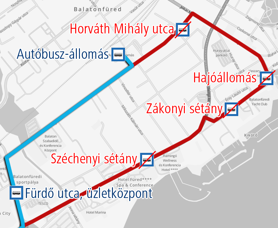 A képen az ideiglenes útvonal és a kimaradó, valamint a terelés ideje alatt igénybe vehető megállók szerepelnek.