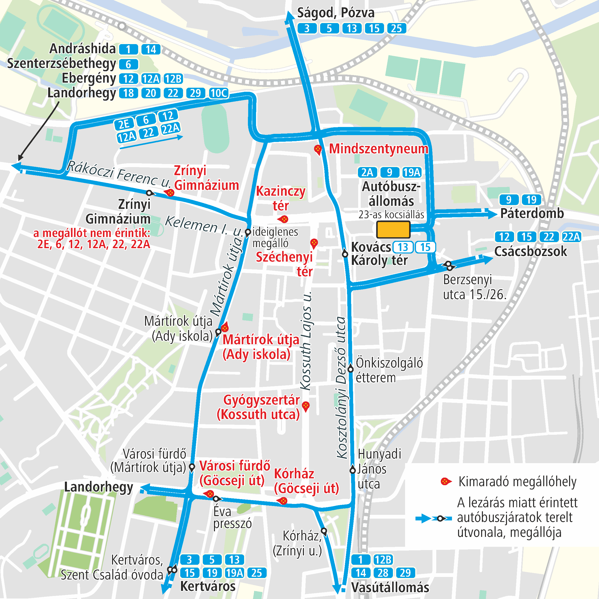 A képen az ideiglenes útvonal és a kimaradó, valamint a terelés ideje alatt igénybe vehető megállók szerepelnek.