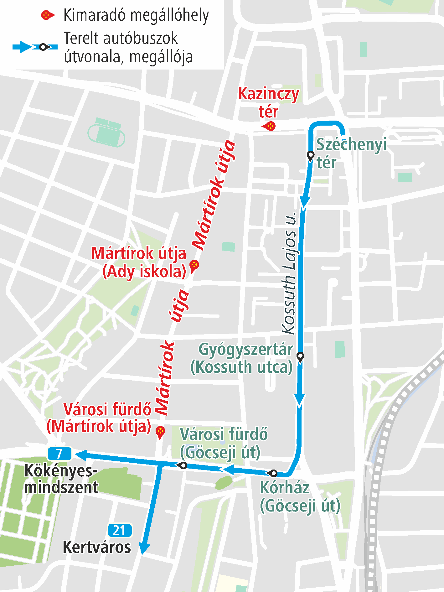 A képen az ideiglenes útvonal és a kimaradó, valamint a terelés ideje alatt igénybe vehető megállók szerepelnek.