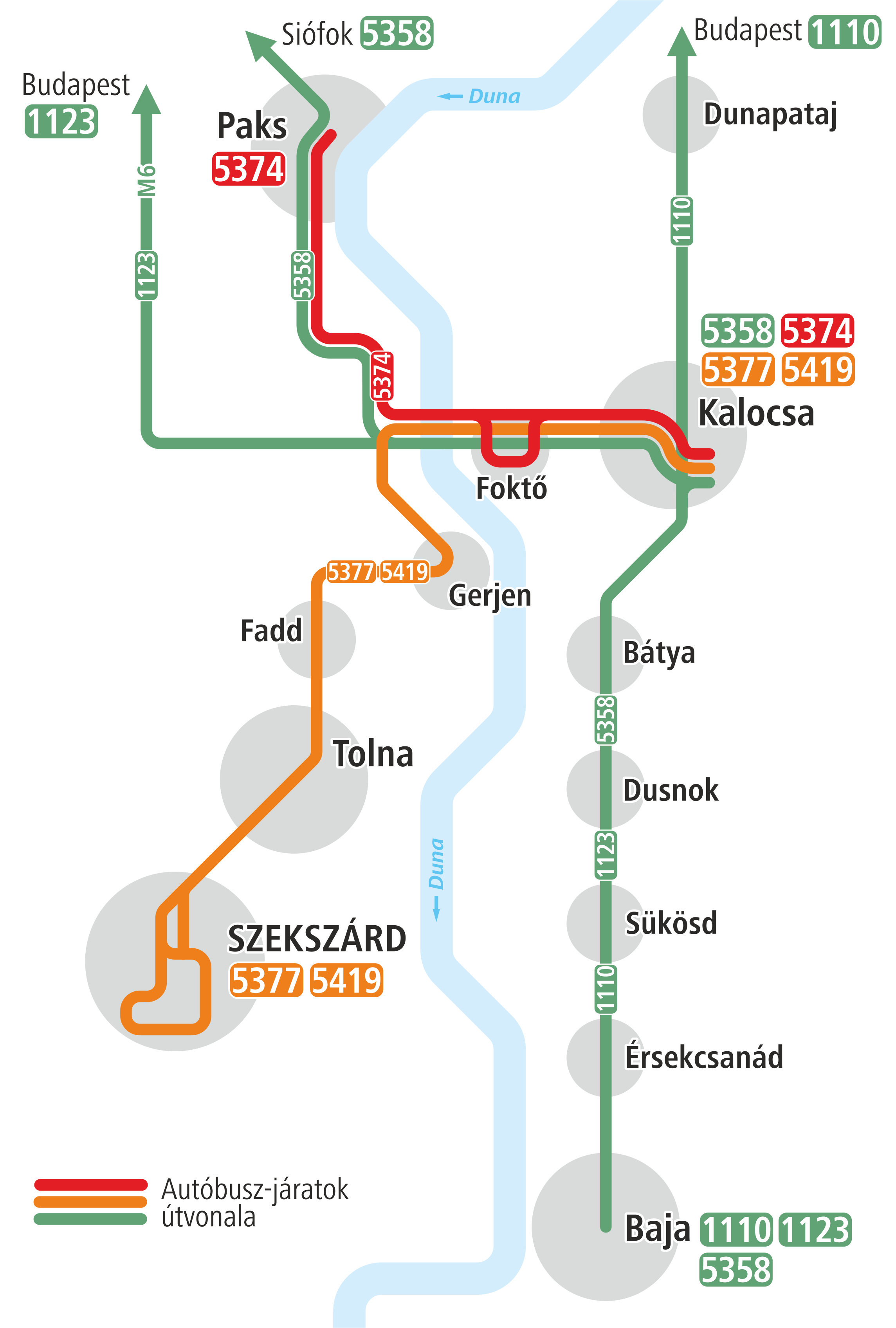 A Kalocsa-Paks között átadott új híd miatti új vonalak útvonala