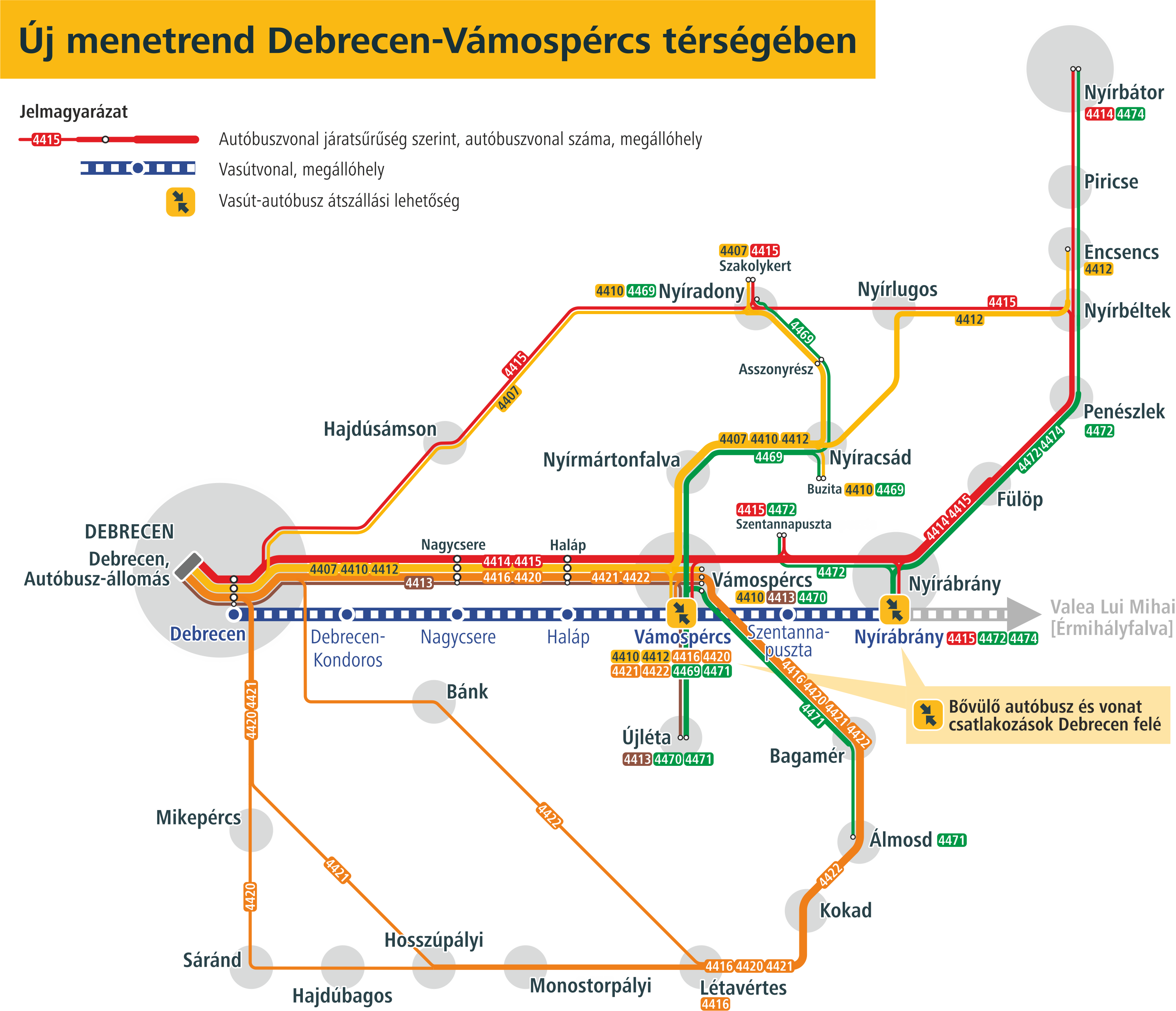 Az új menetrend térképe Debrecen és Vámospércs között