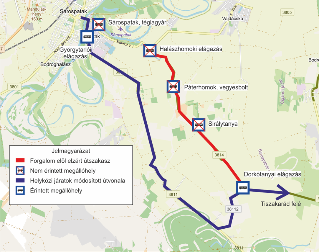 A képen a Sárospatakon kimaradó megállóhelyek és legközlebbi megállóhelyek láthatók. 