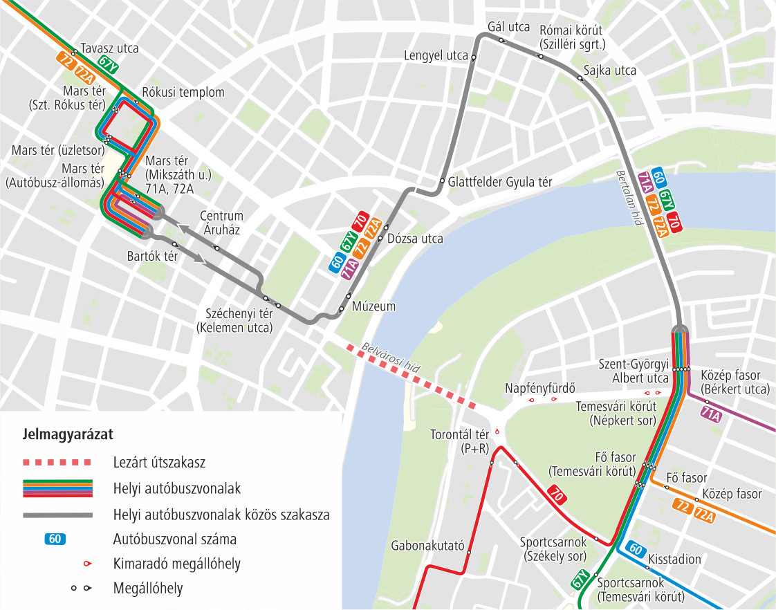 Szegeden a tűzijáték ideje alatti helyi járatok terelt útvonala. 