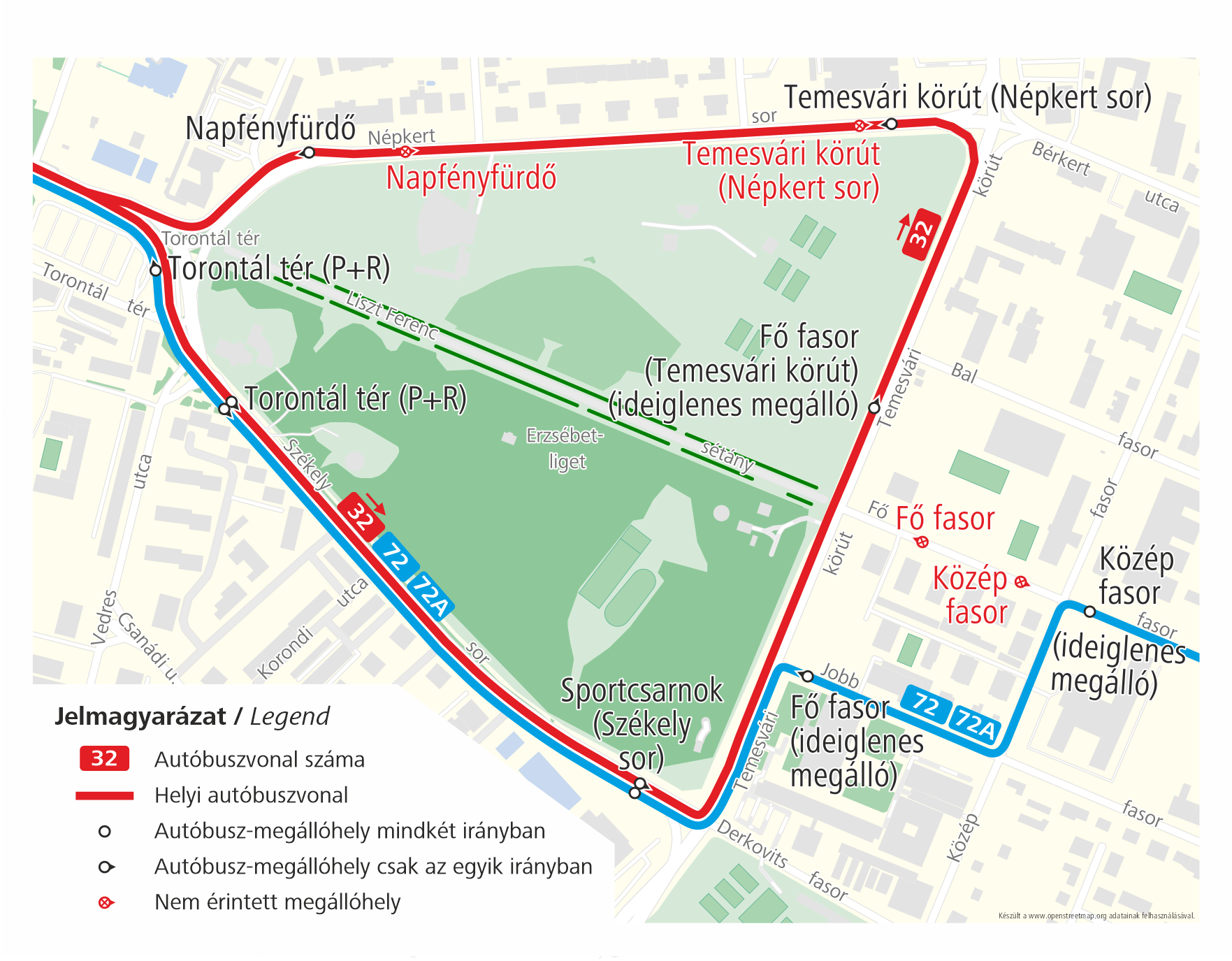 Szegeden a Fő fasor Temesvári körúti csomópontjának lezárása miatti terelt útvonal. 