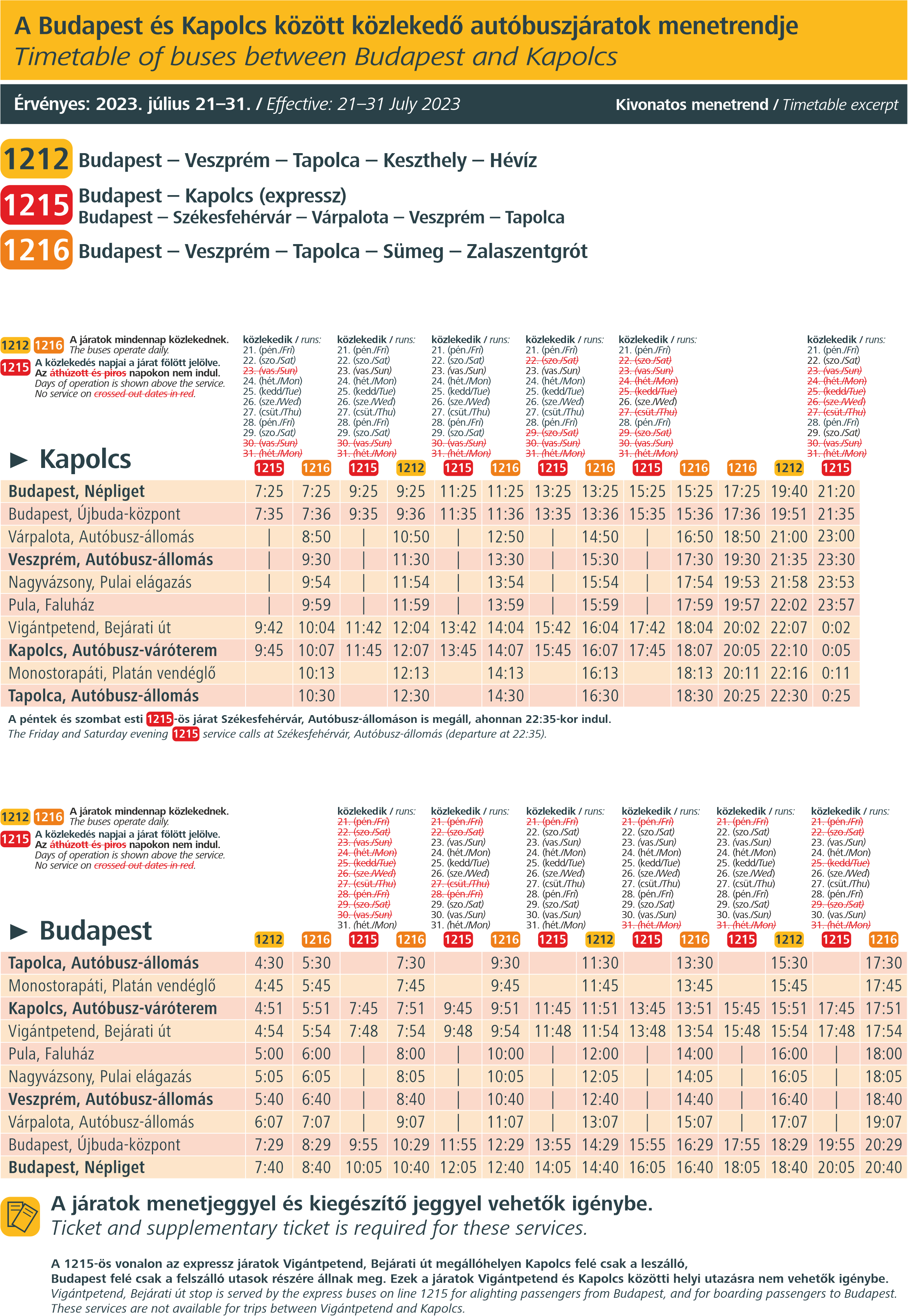 1212-es, 1215-ös és 1216-os járatok kivonatos menetrendje a Művészetek völgye rendezvényhez Budapestrő.