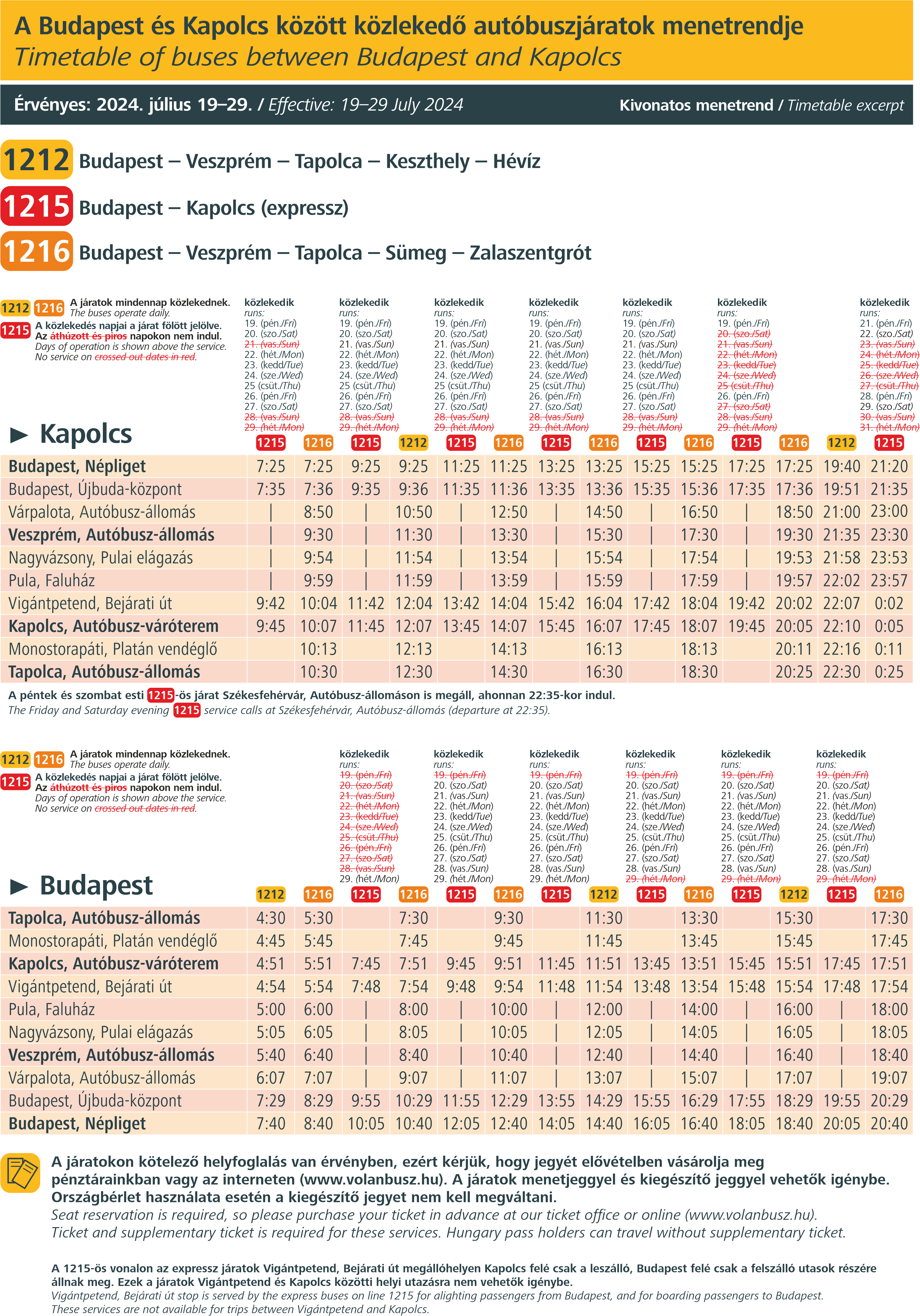 1212-es, 1215-ös és 1216-os járatok kivonatos menetrendje a Művészetek völgye rendezvényhez Budapestrő.