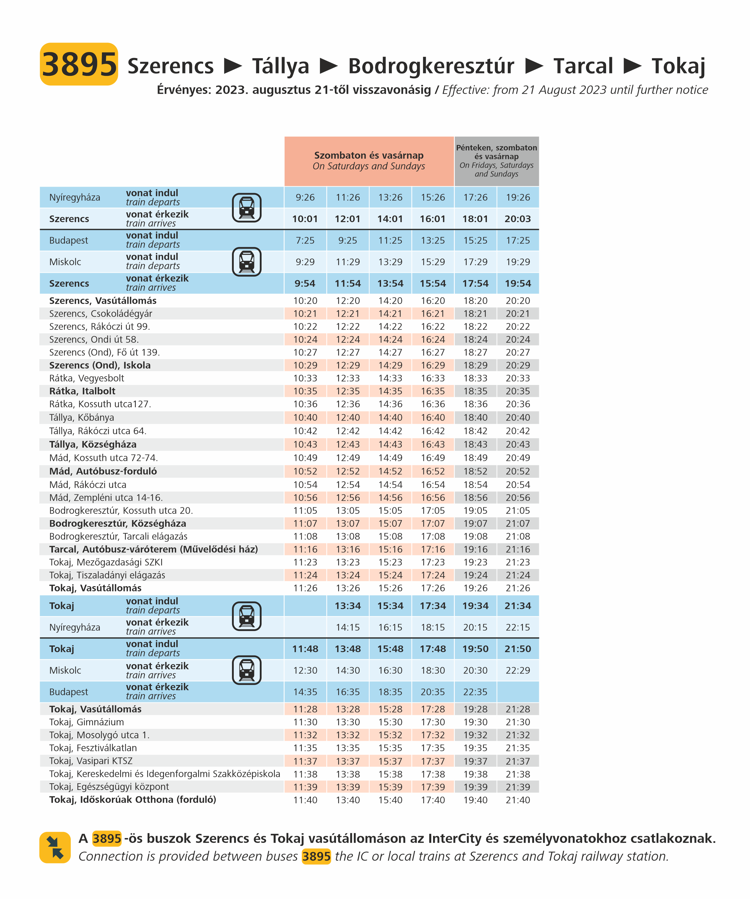 A 3895 buszok ideiglenes menetrendje Tokaj felé.